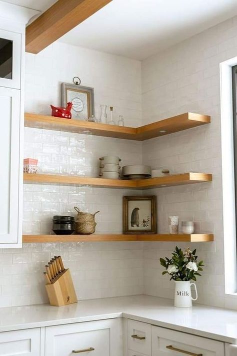 Counter Corner Ideas, Kitchen Counter Corner, Corner Shelves Kitchen, Kitchen Corner Ideas, Corner Ideas, Open Kitchen Shelves, Diy Wall Shelves, Kitchen Room Design, Decor Minimalist