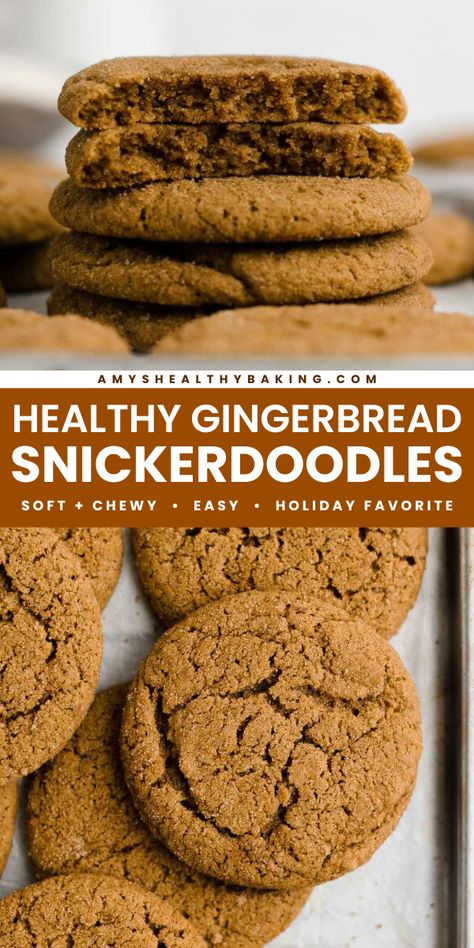 One of the best Christmas cookies ever! Not only are these Healthy Gingerbread Snickerdoodle Cookies soft and chewy with a hint of crispness from their sweet coating, but they're also clean eating with a gluten free option. Save this gingerdoodle recipe and enjoy some easy holiday baking! Flourless Snickerdoodle Cookies, Healthy Gingersnap Cookies, Peanut Free Christmas Cookies, Healthier Snickerdoodle Cookies, Toddler Christmas Cookies Healthy, Gluten Free Dairy Free Gingerbread Cookies, Healthy Christmas Cookies For Toddlers, Healthy Sandwich Cookies, Grain Free Gingerbread Cookies