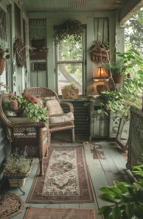 Green Sunroom, Rustic Porches, Plant Bedroom, Rustic Minimalism, Garden Shed Interiors, Vintage Decor Ideas, Shabby Chic Porch, Creek House, Porch Life