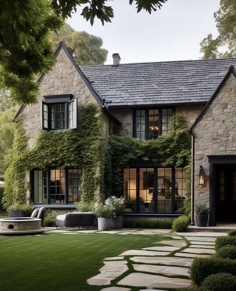 Modern Edwardian Exterior, Upstate New York Cottage, French Modern Cottage, Lannon Stone Exterior, English Country Exterior Homes, Stone House Black Windows, Moody Home Exterior, Modern Manor, Vintage Home Exterior