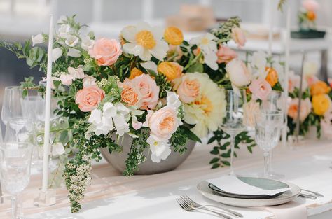 Modern Romance Wedding Inspiration Mustard Wedding Flowers, Ranunculus Centerpiece, Blush Wedding Centerpieces, Mustard Wedding, Peach Garden, Blush Wedding Decor, Industrial Chic Wedding, Fall Wedding Ideas, Sweetheart Table Wedding