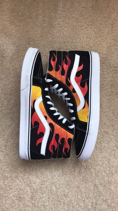 Vans flame red and yellow Vans Boots, Vans Shoes Fashion, Custom Vans Shoes, Mens Vans Shoes, Cute Vans, Custom Shoes Diy, Diy Sneakers, Vans Men, Vans Shoe