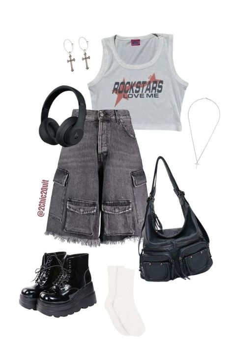 edgy outfits, summer outfit edgy, rock concert outfit, rocknroll concert outfit, cargo jorts outfit summer, summer outfits jorts, jorts edgy, jorts outfit inspo, platform shoes outfit, shiny black shoes, leather bag outfit, cross earings styling, edgy jewelry, rockstars love me, black headphones outfit, graphic tank top outfit, tank top styiling, cargo bag, cargo messenger bag, rockstar glam vibes, rockstar outfit, slay fits, nighcity outfit, night outfit edgy, school outfit edgy, outfits simple Dresses For Formal, Dresses For Formal Events, Diy Vetement, Online Group, Swaggy Outfits, White Dresses, Mode Inspo, Really Cute Outfits, Edgy Outfits