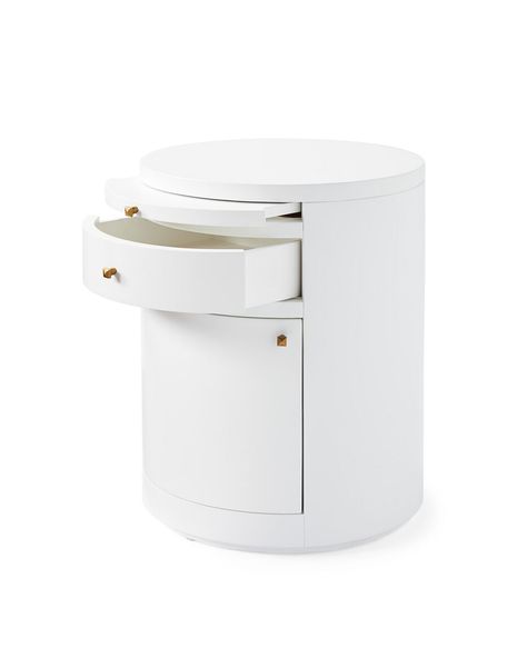 Vineyard House, Round Nightstand, Serena Lily, White Nightstand, White Side Tables, Low Cabinet, Brass Knobs, Serena & Lily, Curved Lines