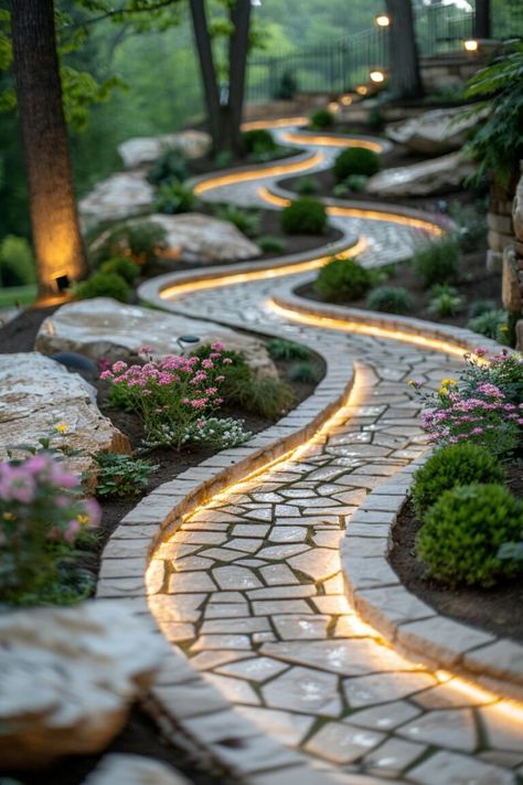 Walking Paths Landscape, Garden Walkway Ideas, Pathway Design, Rustic Garden Design, Flower Knit, Walkway Design, Garden Walkway, Stone Path, Backyard Garden Design