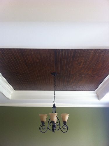 Stained Beadboard Ceiling | Two-piece crown in tray w/additi… | Flickr Brick Backsplash Bathroom, Stained Beadboard Ceiling, Garage And Apartment, Stained Beadboard, Arabesque Backsplash, Mother Of Pearl Backsplash, Decorative Tile Backsplash, Backsplash With Dark Cabinets, Rustic Backsplash