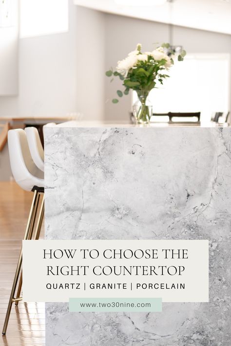 Picking the finishes in your kitchen is one the most exciting parts of the design process! But, with so many options choosing the right on can feel overwhelming. Swipe through to compare natural stone, quartz, and porcelain, which are a few of the most popular choices in the market today. Visit the blog to get a more in-depth comparison. Kitchen Design Quartz Countertops, Quartize Kitchen, Porcelain Countertops Kitchen, Quartz Vs Granite Countertops, Quartz Vs Granite, Countertop Choices, Porcelain Countertops, Kitchen Countertop Materials, Quartzite Countertops