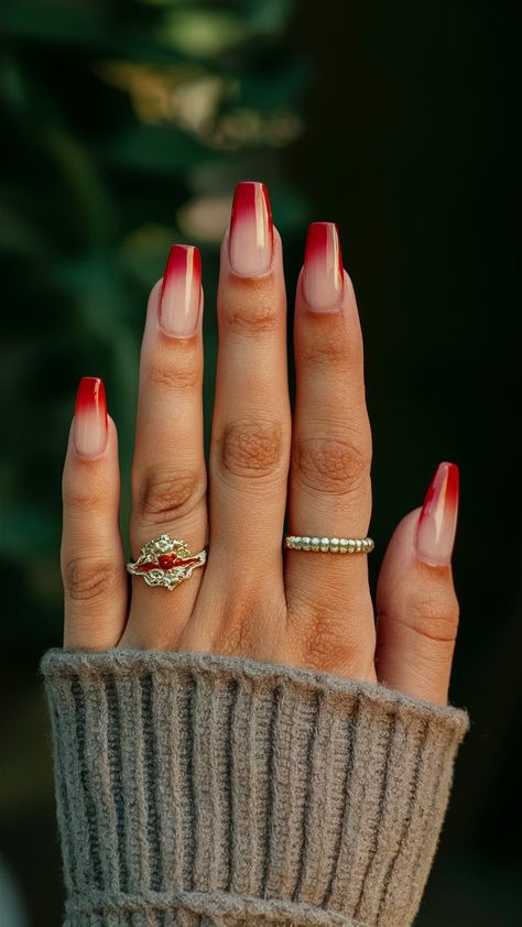 Make a striking impression with these bold red ombre nails! This eye-catching gradient transitions flawlessly from a deep crimson to a vibrant cherry red, creating a stunning effect that’s perfect for any occasion. Whether you're dressing up for a night out or looking to add drama to your everyday style, these nails are sure to turn heads. Pair them with gold accents or minimalistic designs for a touch of elegance! ❤️🔥 #OmbreNails #RedNails #NailArtInspo #GradientNails Red French Ombre Nails, Ombre Nail Colors, Black To Red Ombre, Red Ombre Nails, Red Jelly, Cherry Nails, Red Ombre, Gradient Nails, Nails Inspo