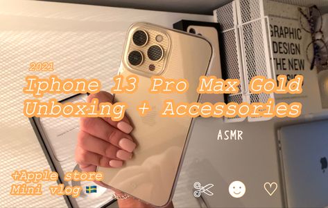 iPhone 13 Pro Max Gold unboxing ASMR youtube video Iphone 13 Gold, Iphone 13 Pro Max Gold, Apple Store, Gold Accessories, Iphone 13 Pro, Iphone 13, Iphone, Gold