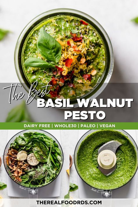 Vibrant green homemade basil walnut pesto; all ingredients in a food processor, freshly blended in a food processor, and served in a small jar topped with red pepper flakes and a small basil sprig. Walnut Pesto Recipe, Whole30 Pesto, Basil Walnut Pesto, Paleo Pesto, Dietitian Recipes, Dairy Free Pesto, Homemade Pesto Sauce, Savory Sides, Easy Whole 30 Recipes