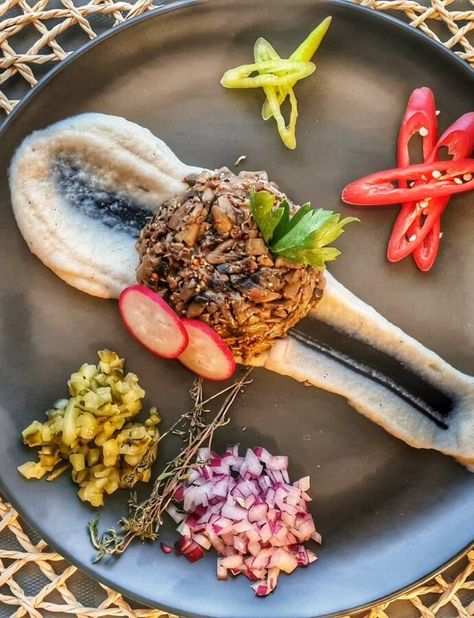 Vegan mushroom tartare Mushroom Tartare, Tartare Recipe, French Mustard, Truffle Mushroom, Cauliflower Puree, Vegan Mushroom, Fried Mushrooms, Vegan Alternatives, Delicious Donuts