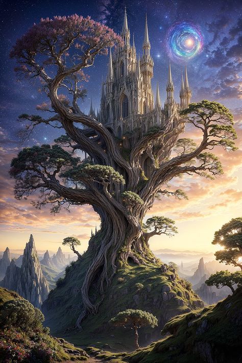 Discover the enchanting beauty of this elven castle intertwined with a massive, ancient tree. This AI-crafted artwork captures the essence of fantasy, making it a stunning addition to any collection. Ideal for those who love fantasy characters and mythical worlds. #FantasyCharacters #Elves #AIArt #FantasyLandscapes #DigitalArt #Enchantment Tree Castle Fantasy Art, Tree Castle Fantasy Forests, Earth Castle Fantasy Art, Underground Castle Fantasy Art, Nature Kingdom Fantasy Art, Ancient Tree Fantasy Art, Fantasy World Castle, Fantasy Tree City, Fantasy Elven City