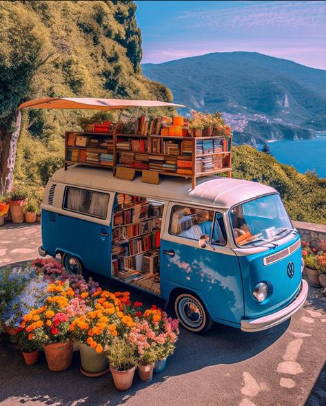 #books Bright Color Decor, Old School Bus, Mobile Library, Bookstore Cafe, Vintage Vw Bus, Library Bookcase, Dream Library, Combi Volkswagen, Vw Vintage