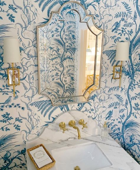 The powder room at #brunswickroadtraditional is ready for guests! 💎 // #leeowensdesign #birdandthistle Blue Powder Room, Thistle Wallpaper, Blue And White Wallpaper, Powder Room Wallpaper, Cheap Bathrooms, Powder Room Design, House Interiors, Bathroom Wallpaper, Cheap Decor