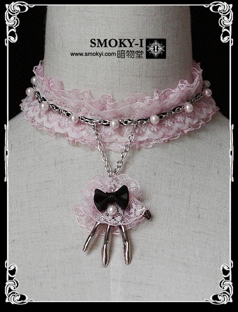 Gothic Lolita Pink Lace Choker, Silver Chain and Skeleton Hand, Black Bow, and Pearls Pink Gothic Aesthetic, Kawaii Goth Accessories, Black And Pink Coquette, Cute Pink Handmade Choker, Pink And Black Goth, Pink Goth Jewelry, Pink Punk Choker As A Gift, Pink Ribbon Choker, Kawaii Goth Necklaces