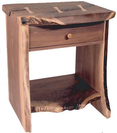 Live Edge Nightstand, Live Edge Side Table Night Stands, Live Edge Wood Side Table, Rustic Nightstand Plans, Hickory Nightstand, Modern Woodworking Projects, Old Hickory Furniture, Old Faithful Inn, Rustic Furniture Design