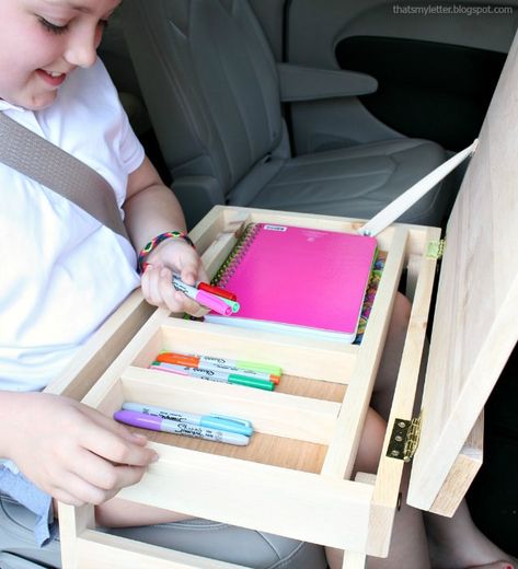 diy road trip lap desk interior storage compartments Lap Desk For Car, Diy Lap Desk, Lap Desk With Storage, Office Storage Organization, Lap Table, Small Wood Crafts, Wood Projects For Kids, Woodworking Bed, Woodworking For Beginners