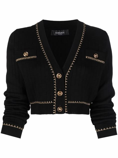 Versace Clothes Women, Versace Cardigan, Versace Women Clothing, Cropped Cardigan Outfit, Versace Clothes, Koleksi Parfum, Cardigan Jeans, Versace Logo, Crop Cardigan