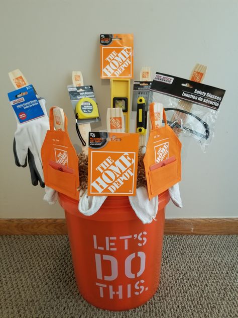 Home Depot gift card idea Gift Card Themed Basket, Home Depot Basket Gift, Inexpensive Silent Auction Gift Basket Ideas, Tool Raffle Basket Ideas, Guys Raffle Basket Ideas, Stag Raffle Baskets, House Warming Gift Card Ideas, Home Improvement Gift Basket, Manly Gift Basket Ideas