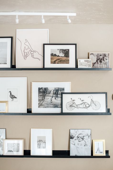 Scandinavian Gallery Wall, Hanging Family Photos, Rustic Gallery Wall, Displaying Family Photos, Picture Ledges, Photo Shelf, Photo Ledge, Photo Walls, Display Family Photos