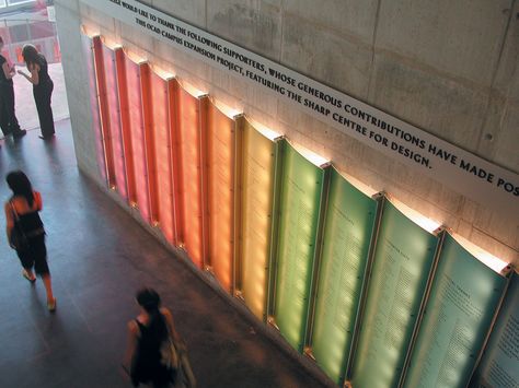 Illuminated donor recognition wall for OCAD University Donor Wall Design, Donor Signage, Ocad University, Donor Recognition Wall, Experiential Graphics, Wood Signage, Experiential Design, Donor Recognition, Donor Wall