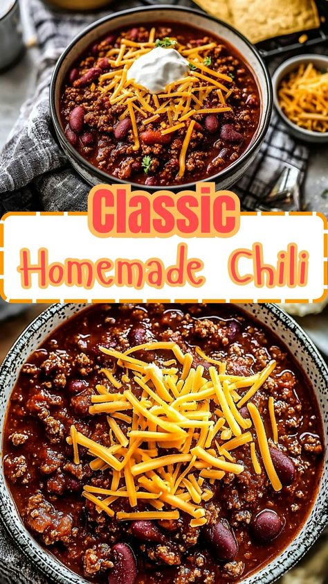 Easy Dinner Recipes: Classic Homemade Chili Classic Chili Recipe Beef, Recipes For Chili Homemade, Best Chili Recipe With Cocoa Powder, Canned Chilli Beans Recipe, Chilli Without Tomatoes, Chili Johns Recipe, Chile Recipes Homemade, Chili Recipe Small Batch, Easy Homemade Chili Recipe Simple