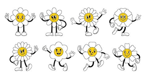 Vector funny cartoon flower characters s... | Premium Vector #Freepik #vector Flower Character Illustration, Cute Flower Cartoon, Festival Moodboard, Flower Character, Head Comic, Running Cartoon, Journal Pics, 1930s Cartoons, Flower Cartoon