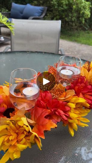 Diy Glass Centerpieces Dollar Stores, Pool Noodle Thanksgiving Centerpiece, Pool Noodle Fall Centerpiece, Wine Glass Floating Candle, Pool Noodle Floral Arrangement, Pool Noodle Centerpiece Ideas, Pool Noodle Centerpiece, Pool Noodle Flower Arrangement, Easy Table Decorations