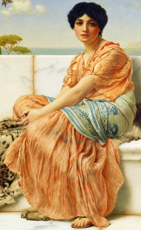 Details from In the Days of Sappho by John William Godward 1904 #art William Godward, John William Godward, Lawrence Alma Tadema, Pre Raphaelite Art, John William Waterhouse, Getty Museum, Pre Raphaelite, Classic Paintings, Romantic Art