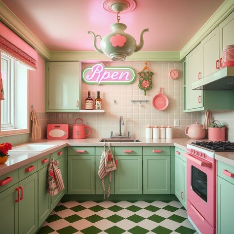 Home Decor Inspiration: Go Bold with These Unique Kitschy Kitchen Inspo!   "Bring the joy of a 1950s kitchen to life with eclectic kitchen design and quirky kitchen decor! Dive into kitschy kitchen inspo that mixes retro kitchen colors with playful elements for a standout look. Perfect for those who love bold kitchen inspiration, this 50s kitchen style is packed with personality and charm. Maximalist Small Kitchen, Pink And Red Kitchen, Aesthetic Cabinets, Dopamine Kitchen, Retro Kitchen Colors, Pink Kitchen Aesthetic, Colourful Kitchen Ideas, Colorful Eclectic Kitchen, Retro Chic Decor