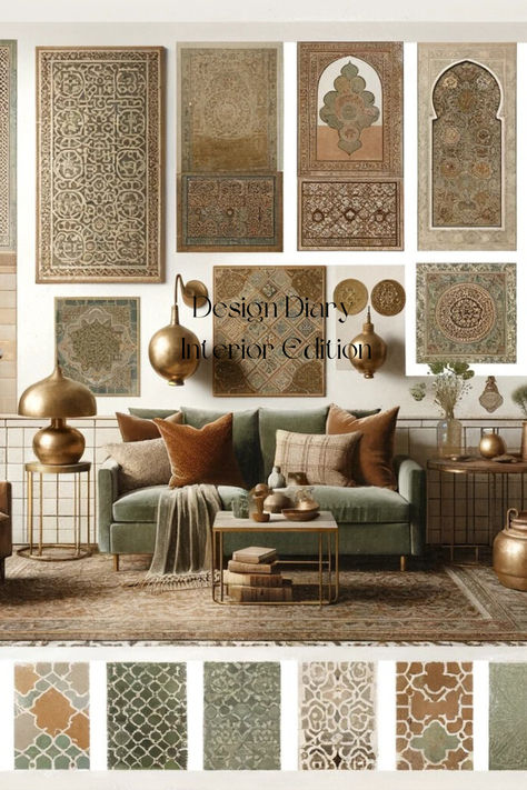 Enjoy this Traditional & Moroccan Inspired, Interior Design Mood Board😃 Morrocon Interiors Tiles, Marocco Interior Design Modern, Traditional Mood Board Interior Design, Arabesque Interior Design, Morocco Design Interior, Arabic Mood Board, Moroccan Inspired Home, Moroccan Colour Palette, Moroccan Interior Design Bedroom