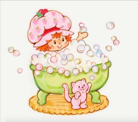 Strawberry Shortcake taking a nice bubble bath with her kitty cat, Custard by her side in greeting card design Berry Shortcake, Vintage Strawberry Shortcake Dolls, Strawberry Shortcake Cartoon, Strawberry Shortcake Characters, Strawberry Shortcake Doll, Vintage Strawberry Shortcake, Vintage Strawberry, 80s Cartoons, Rainbow Brite