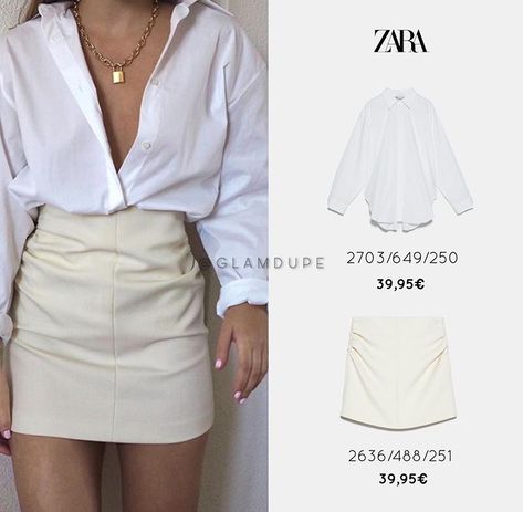 Zara Skirt Outfit, Mini Skirt Outfit Night, White Mini Skirt Outfit, Mini Skirts Outfits Summer, White Skirt Outfits, Ruched Mini Skirt, Mini Skirt Style, White Shirt Outfits, Oyster White