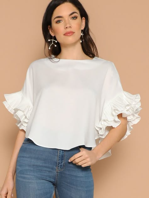 Layered Exaggerate Flounce Sleeve Curved Hem Top | SHEIN White Blouse Women, Curved Hem Top, Women White Blouse, Half Sleeve Blouse, Fashion Tops Blouse, Sleeves Designs For Dresses, Summer Elegant, Trendy Fashion Tops, Women's Blouses