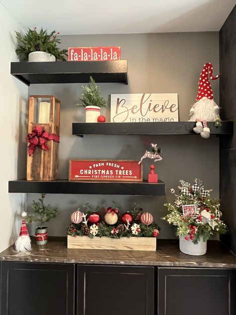 Diy Christmas Decor For Shelves, High Shelf Christmas Decorating, Floating Shelf Christmas Decor Ideas, Corner Shelf Christmas Decor, Shelves Decorated For Christmas, Christmas Shelf Decorations, Christmas Decor On Shelves, Christmas Floating Shelves Decor, Christmas Decor Ideas For Shelves