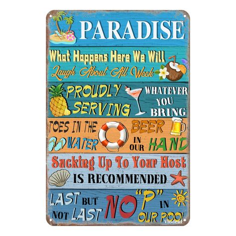 PRICES MAY VARY. Paradise Pool Rules Sign - Perfect decor for swimming pools! Add a splash of wall art decor to your swimming area this season.Funny pool rules signs.Metal sign dimensions are 12x8 Inch FEATURES:Tin signs are printed by waterproof and non-glare high-definition digital printing ink.The graphics and wordings of the sign will withstand the elements and will not fade over the years.No matter the sun, rain, or other extreme weather. Easy To Hang: This Lightweight Metal Tin Sign Comes Pool Rules Sign, Swimming Pool Signs, Vintage Pool, Patio Wall Decor, Paradise Pools, Pool Rules, Pool Signs, Patio Wall, Sign Ideas