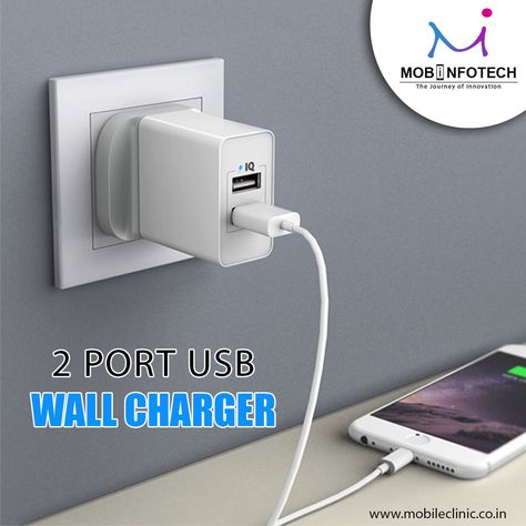 2 Port USB wall charger.  Visit: www.mobileclinic.co.in #MobiInfoTech #JoyRoom #MobileAccesories #MobileChargers #QuickCharger #Charger #WallCharger #WallAdapter Usb Wall Charger, Wall Charger, Electronic Products, Wall