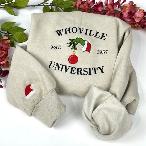 Grinch Embroidery, Whoville University, Grinch Shirt, Whoville Christmas, Christmas Crewneck Sweatshirt, Cute Christmas Outfits, Preppy Christmas, Embroidery Sweater, Cute Shirt Designs