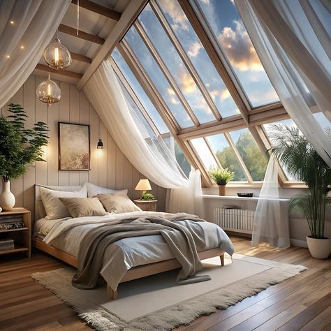 A Frame Skylights, Bedroom With Skylight Ceilings, Large Attic Bedroom Ideas, Skylight Attic, Pitched Roof Bedroom, Large Window Bedroom, Bedroom Big Windows, Mansard Bedroom, Sloping Roof Bedroom