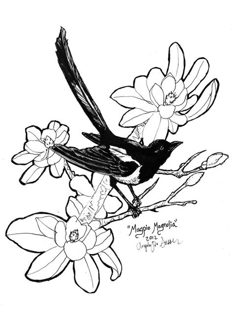 Magpie Drawing Simple, Simple Magpie Tattoo, Magpie And Flower Tattoo, Tattoo Magpie, Magpie Shoulder Tattoo, 2 Magpies, Magpie Sketch, Magpie Drawing, Magpie Tattoo