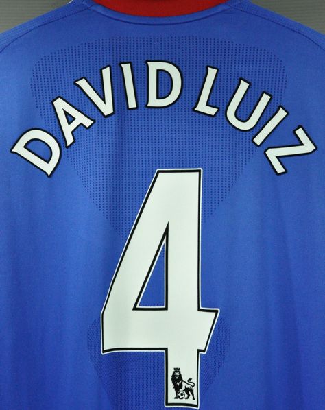 2010 Chelsea David Luiz Home Jersey with official name and numbers and Original Gold Premier League patches by Adidas from Nice Day Sports. #chelsea #chelseafc #davidluiz #homejersey #patches #adidas #nicedaysports, #vintagefashion David Luiz Chelsea, Chelsea Jersey, English Premier League, Chelsea Fc, Football Jersey, Football Jerseys, Nice Day, Premier League, Good Day