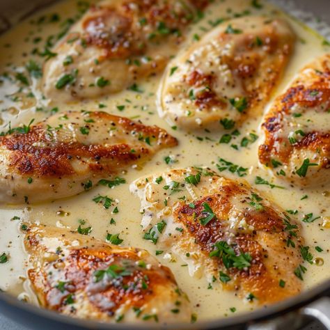 🍗 Creamy Garlic Butter Parmesan Chicken, simply divine! 🧄🧈 #GarlicButterChicken #ComfortFood Creamy Garlic Butter Parmesan Chicken Ingredients: Chicken breasts (4, boneless, skinless) Butter (1/4 cup) Garlic (6 cloves, minced) Heavy cream (1 cup) Parmesan cheese (1/2 cup, grated) Chicken broth (1/2 cup) Fresh parsley (for garnish) Salt and pepper (to taste) Instructions: Season chicken with salt and pepper. Melt butter in a large skillet over medium heat, add chicken and cook until golden... Cream Garlic Chicken, Creamy Garlic Butter Parmesan Chicken, Garlic Butter Parmesan Chicken, Butter Parmesan Chicken, Creamy Skillet Chicken, Chicken Florentine Recipe, Twist Recipes, Season Chicken, Gourmet Food Plating