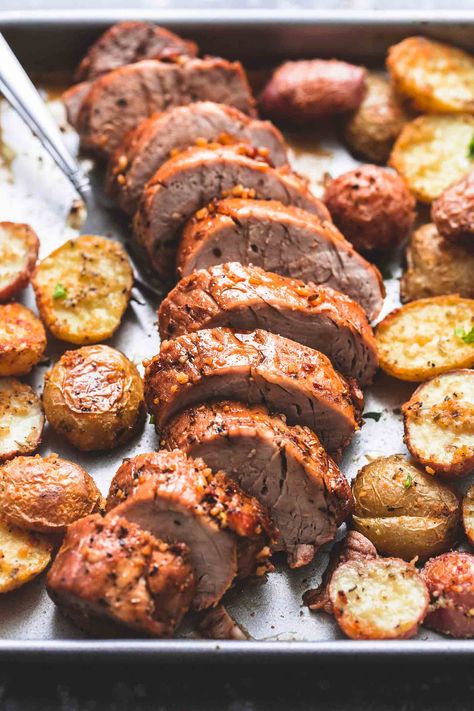 Sheet Pan Pork Tenderloin and Potatoes is a fabulous sheet pan recipe you’ll want to make over and over. Coming together in just 35 short minutes, once you make this, you’ll wonder why this hasn’t been your go-to dinner all along. | lecremedelacrumb.com #sheetpan #sheetpandinners #pork #porktenderloin #30minutemeals #onepan #onepanmeals Pork Tenderloin And Potatoes, Sheet Pan Pork Tenderloin, Sheet Pan Pork, Food Wallpapers, Meat And Potatoes, Sheet Pan Suppers, Pan Recipe, Sheet Pan Dinners Recipes, Pork Loin Recipes