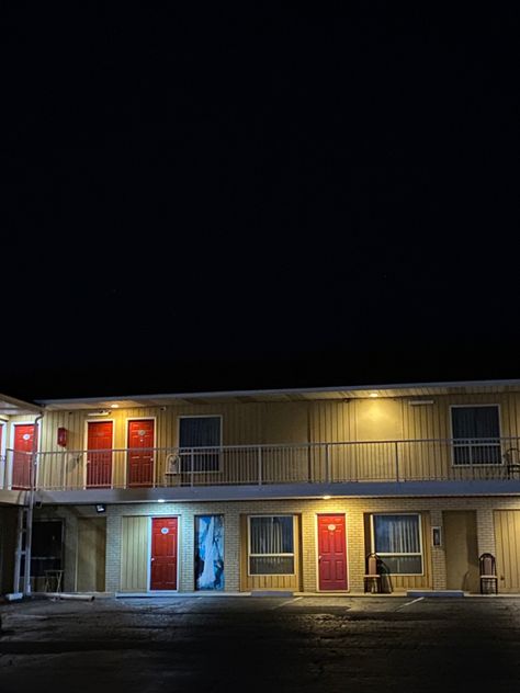 Motel at night, low resolution, mysterious, movie scene, yellow lights, red doors Motel Room Aesthetic Night, Motel Night Aesthetic, Motel Dark Aesthetic, Motel At Night, Vintage Motel Aesthetic, Motel Aesthetics, 80s Architecture, Motel Aesthetic, Tv Aesthetic