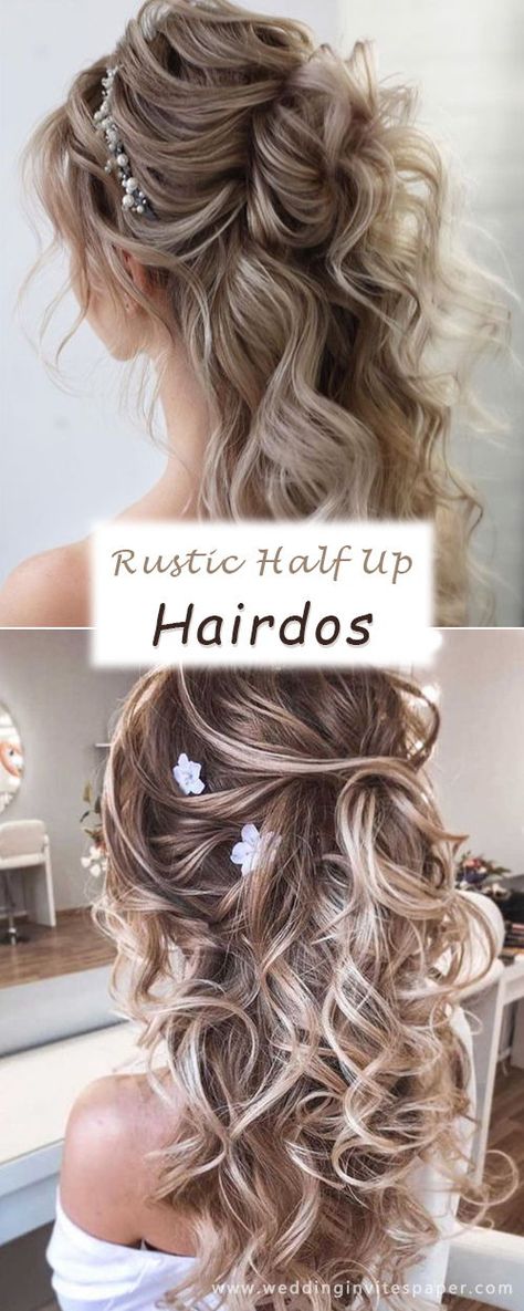 17 Enchanted Rustic Wedding Hairstyles---voluminous and curly half up half down hairdos with headpieces, spring weddings, country wedding ideas. Bridal Hair Rustic Wedding, Wedding Hairstyles Half Up Half Down With Veil Long Curly, Wedding Hairdos Half Up Half Down, Wedding Hairstyles Country, Rustic Wedding Hairstyles Half Up, Country Style Wedding Hair, Rustic Half Up Half Down Wedding Hair, Wedding Hairstyles For Long Hair With Veil Romantic, Country Wedding Hairstyles Medium