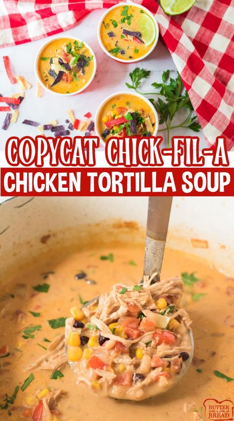 Copycat Chick-Fil-A Chicken Tortilla Soup is a creamy soup full of chicken, beans, corn and lots of flavor! Delicious chicken tortilla soup recipe that tastes just like the popular version you find at Chick-Fil-A! Chicken Tortilla Soup With Cream Of Chicken, Chicken Quesadilla Soup Recipes, Don Pablos Chicken Tortilla Soup, Chicken Tortilla Soup Crock Pot Chick Fila, Ww Creamy Chicken Tortilla Soup, Copycat Chick-fil-a Chicken Tortilla Soup, Healthy Creamy Chicken Tortilla Soup, Chick Fila Chicken Tortilla Soup Recipe, Copycat Chick Fil A Chicken Tortilla Soup Crockpot