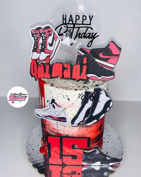 Tag a Jordan Sneaker lover! My niece loves Jordan’s!! #buttercreamcake #jordancake #sneakercake #cakelove #customcake #birthdaycake… Sneaker Ball Cake Ideas, Nike Cake Ideas Birthdays, Jordan Cake Ideas, Sneaker Cake Ideas, Jordan Birthday Cake, Michael Jordan Cake, Nike Cake, Sneaker Cake, Sweet 16 For Boys