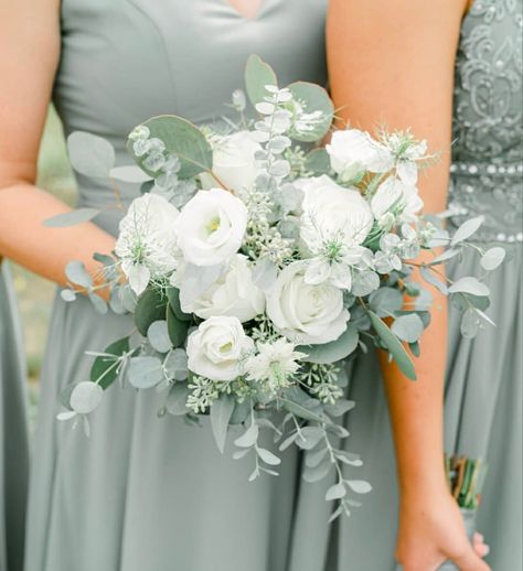 Sage And Ivory Bouquet, Wedding Flower Arrangements Green And White, Sage Bridesmaids Bouquets, Sage Green Wedding Floral Arrangements, White Sage Bouquet, Flowers For A Sage Green Wedding, Bride Bouquets Sage Green, Eucaplytus Wedding Bouquet, White Rose And Eucalyptus Bouquet Wedding Flowers