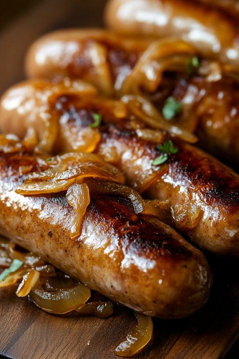 Oven-Braised Beer Brats with Caramelized Onions - Taste Of Recipe Oven Braised Beer Brats, Beer Braised Brats, Turkey Brats Recipes Dinners, Oven Braised Beer Brats With Caramelized Onions, Brats Recipes Oven, Bratwurst Potatoes Recipes, Recipe For Bratwurst, Brats In Beer And Onions, Bratwurst Appetizers