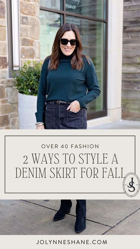 If you need ideas on how to style the denim skirt trend this fall, look no further. Jo-Lynne Shane is sharing two ways to style the midi denim skirt. She paired a light washed skirt with a white sweater and brown boots. Follow for more women's denim skirt, fall fashion and styling tips. Denim Skirt Winter Outfit, Denim Skirt Winter, Maxi Denim Skirt Outfit, Denim Skirt Outfit Winter, Long Denim Skirt Outfit, Denim Skirt Outfit, Denim Skirt Trend, Over 40 Outfits, Dark Denim Skirt